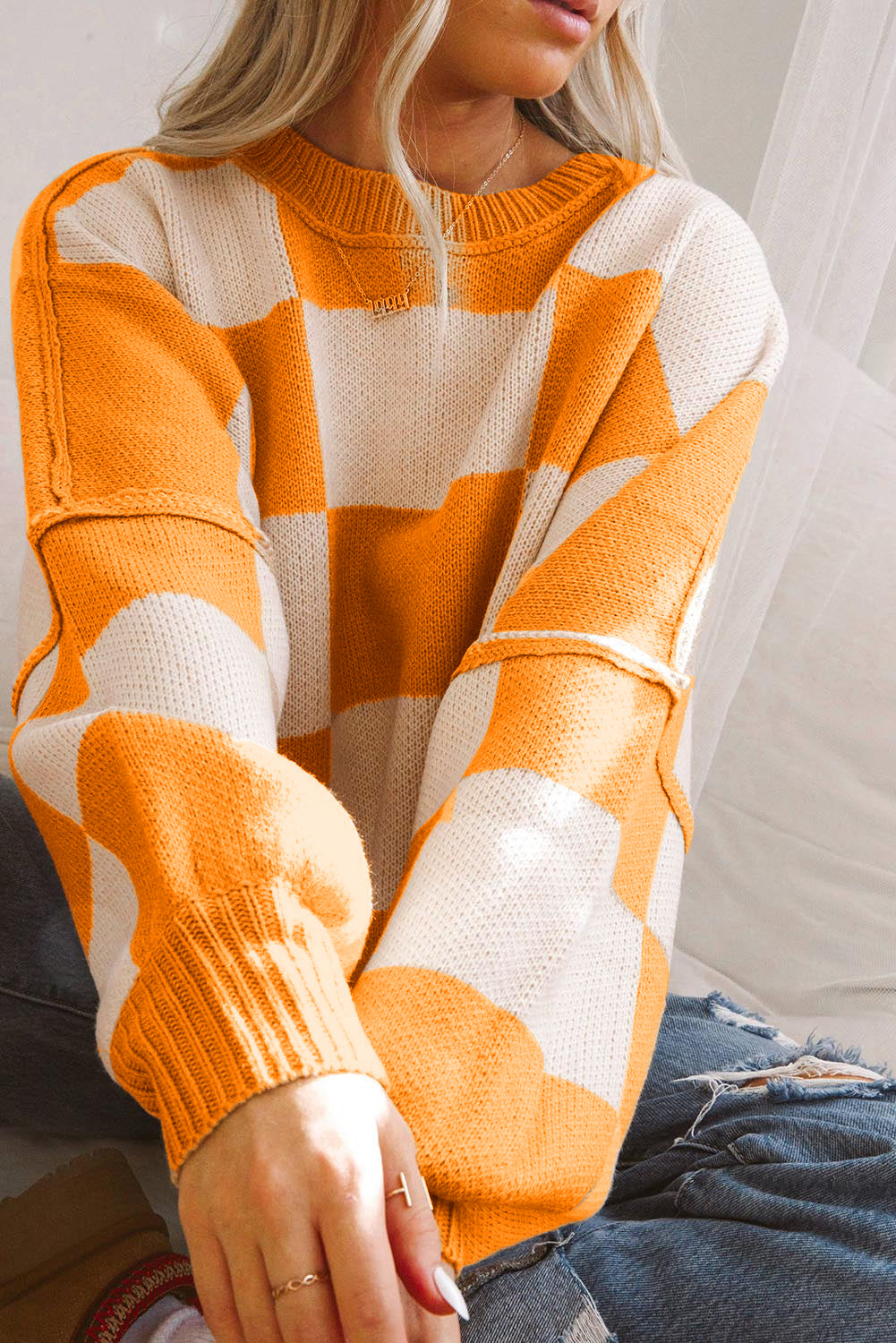 Orange Checkered Bishop Sleeve Sweater - Glimmer Road 