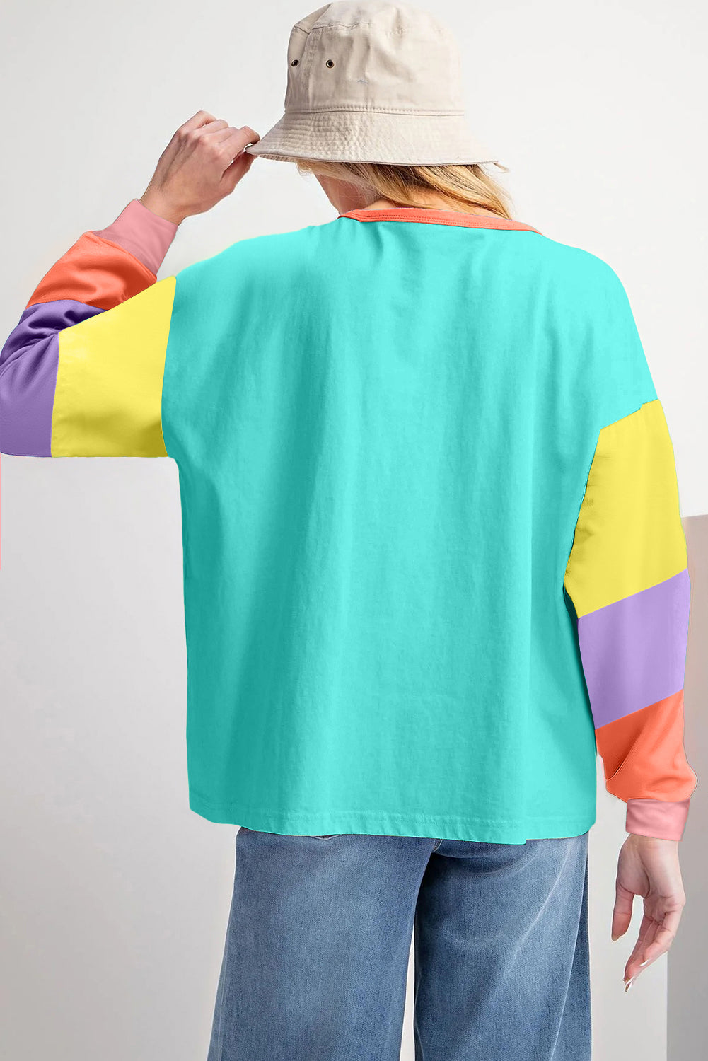 Light Blue Colorblock Patchwork Long Sleeve Loose Top - Glimmer Road 