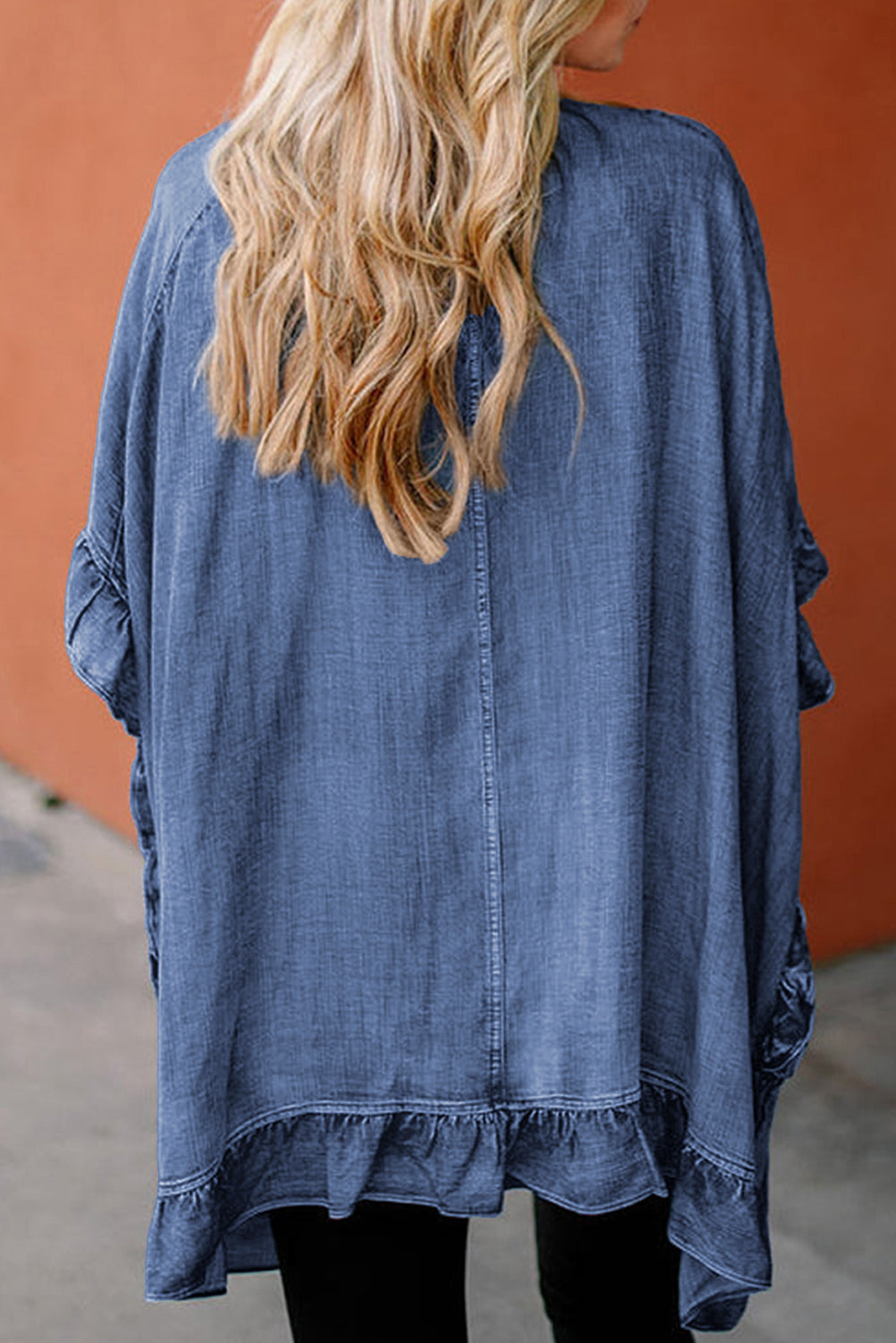 Dusk Blue Chambray Ruffle Hem Half Sleeve Open Loose Kimono - Glimmer Road 