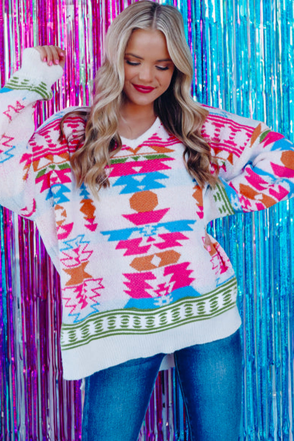 White Oversize Aztec Print High Low V Neck Sweater