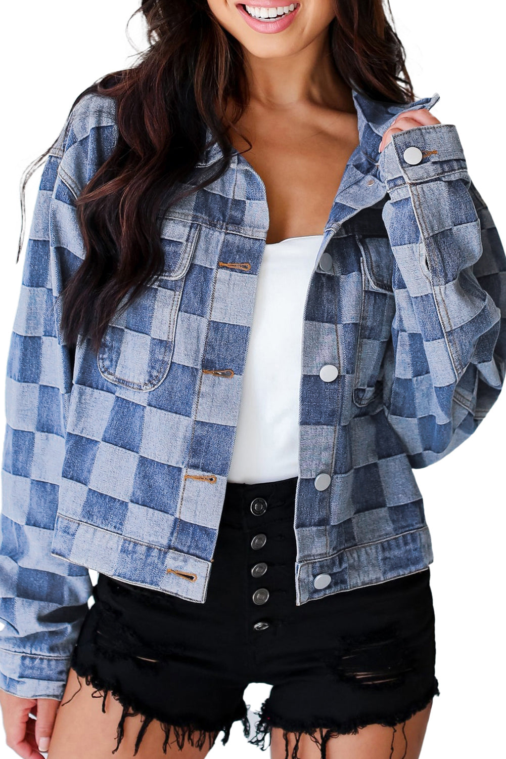Light Blue Checkered Patchwork Button up Denim Jacket - Glimmer Road 