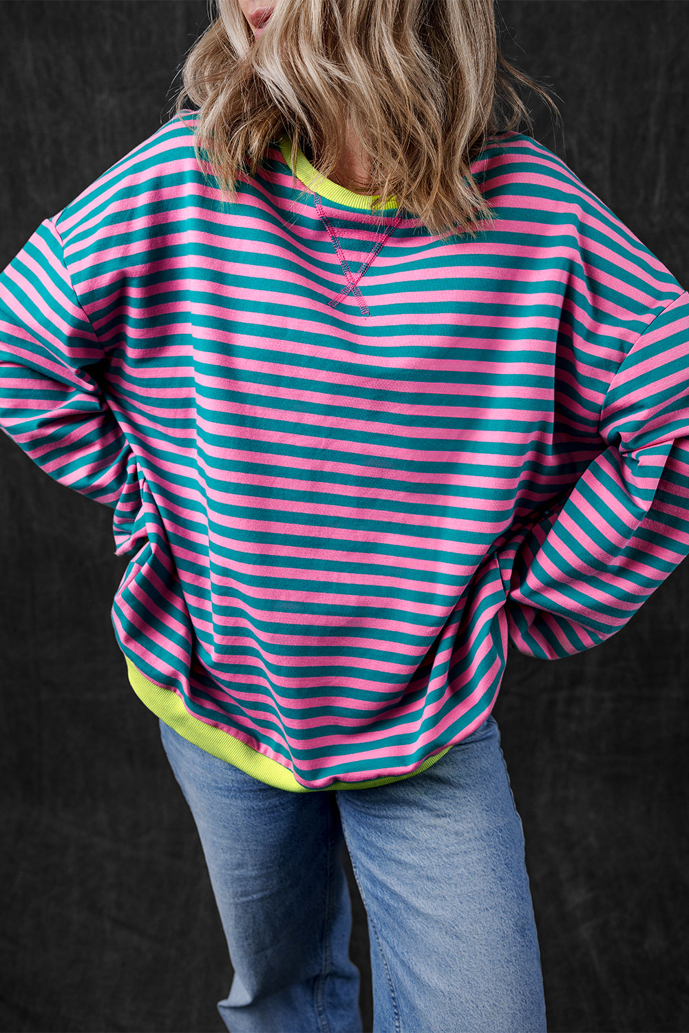 Green Stripe Oversized Contrast Trim Pullover Sweatshirt - Glimmer Road 