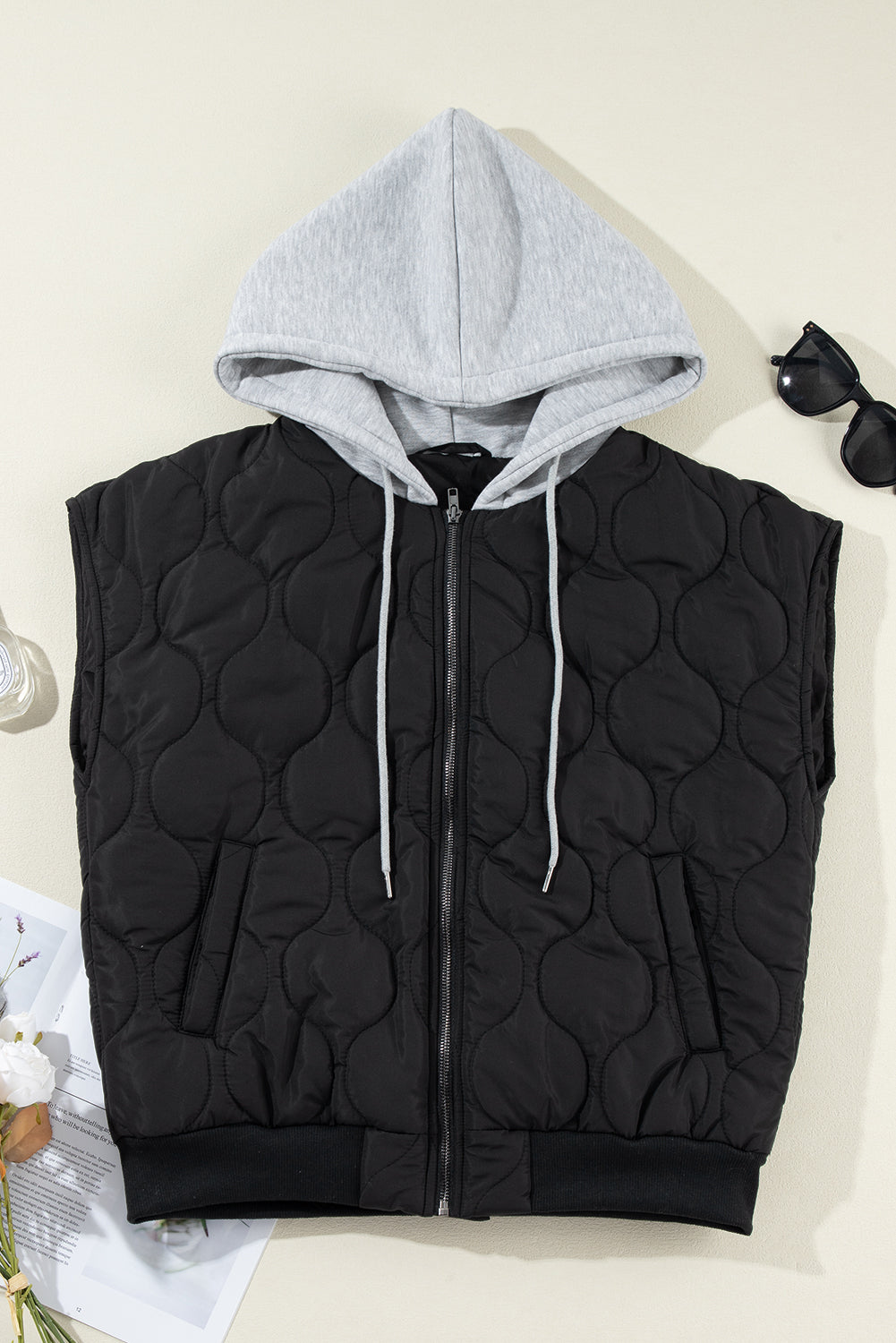 Black Quilted Drawstring Hooded Zip Up Puffer Vest - Glimmer Road 