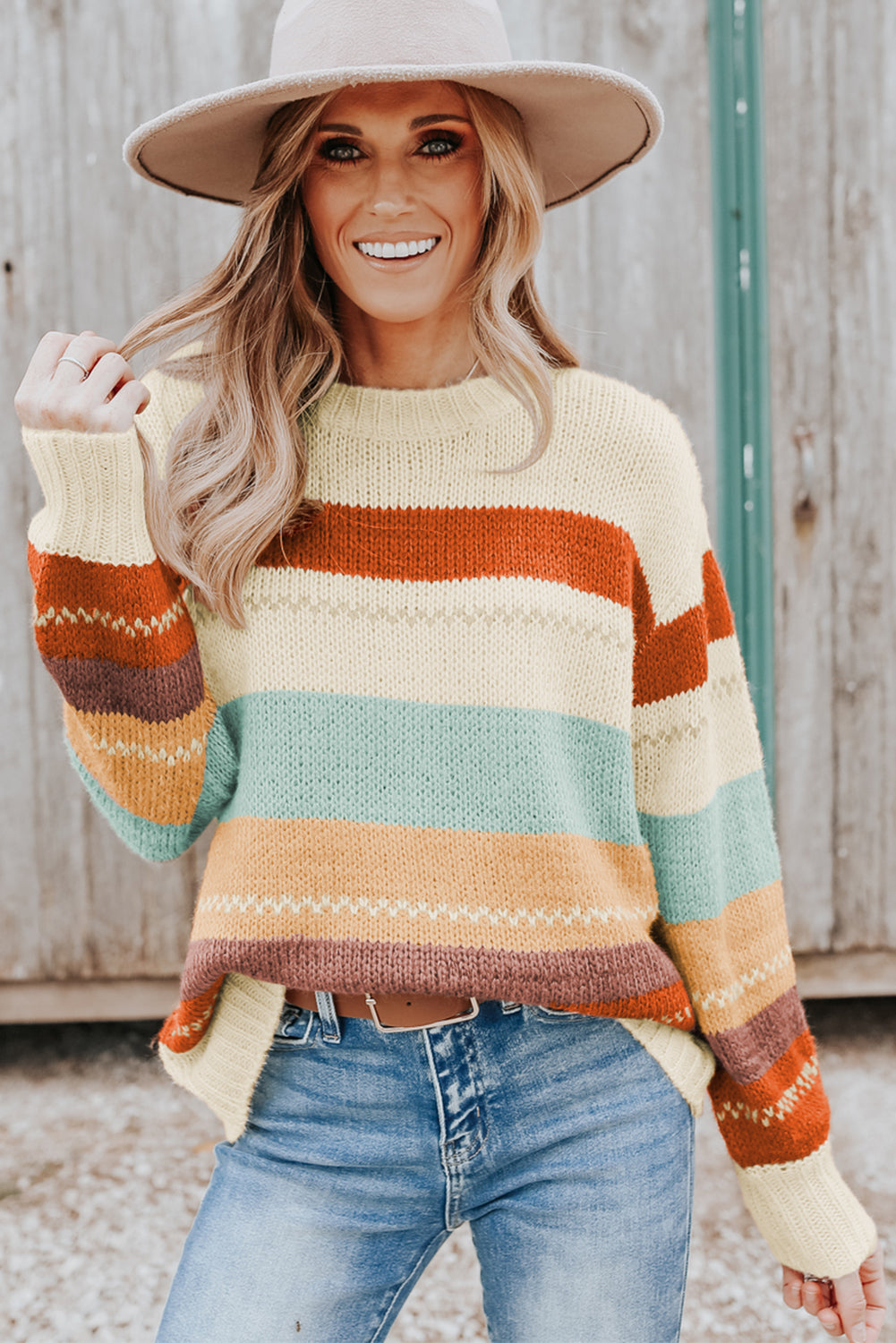 Crew Neck Drop-shoulder Striped Color Block Sweater - Glimmer Road 