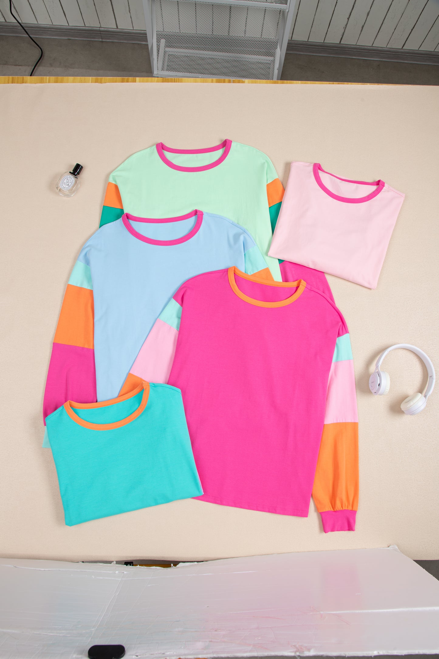 Light Blue Colorblock Patchwork Long Sleeve Loose Top - Glimmer Road 