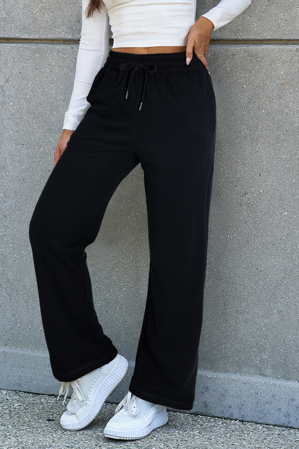 Navy Blue Solid Color Fleece Lined Drawstring Waist Casual Pants - Glimmer Road 