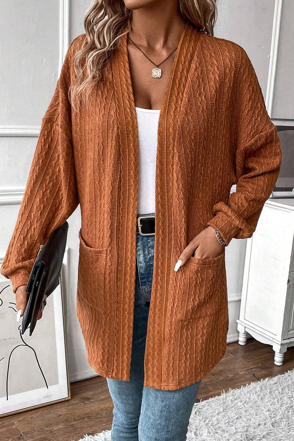 Black Textured Knit Side Pockets Open Front Cardigan - Glimmer Road 