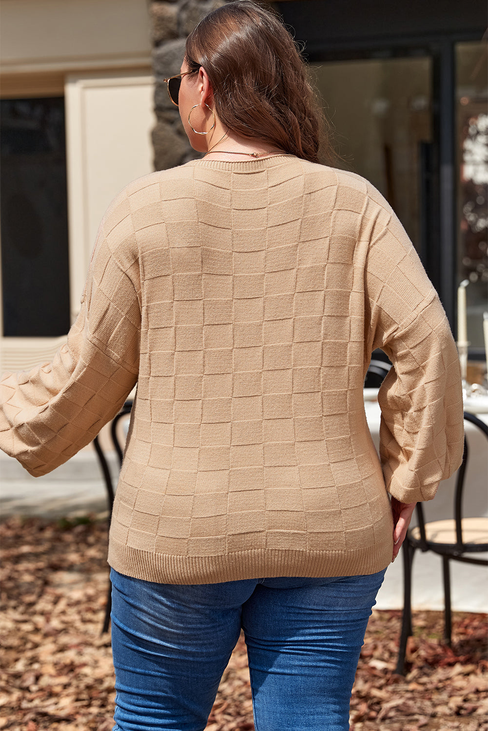 Light French Beige Solid Checkered Textured Knit Plus Size Sweater