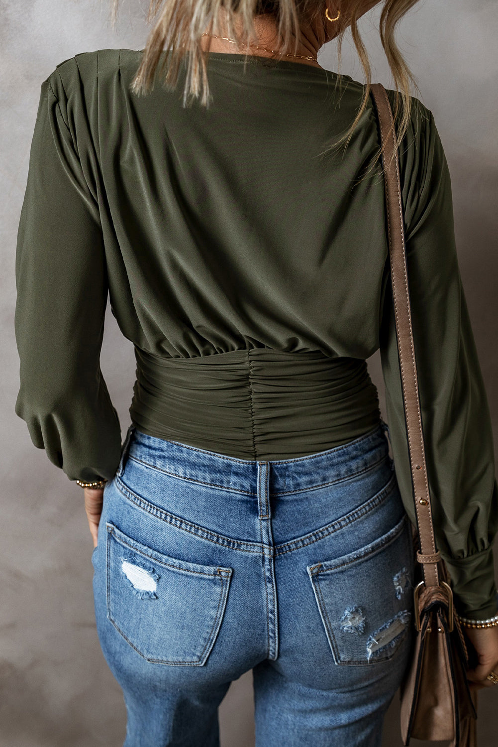 Moss Green Ruched Wrap V Neck Long Sleeve Bodysuit - Glimmer Road 