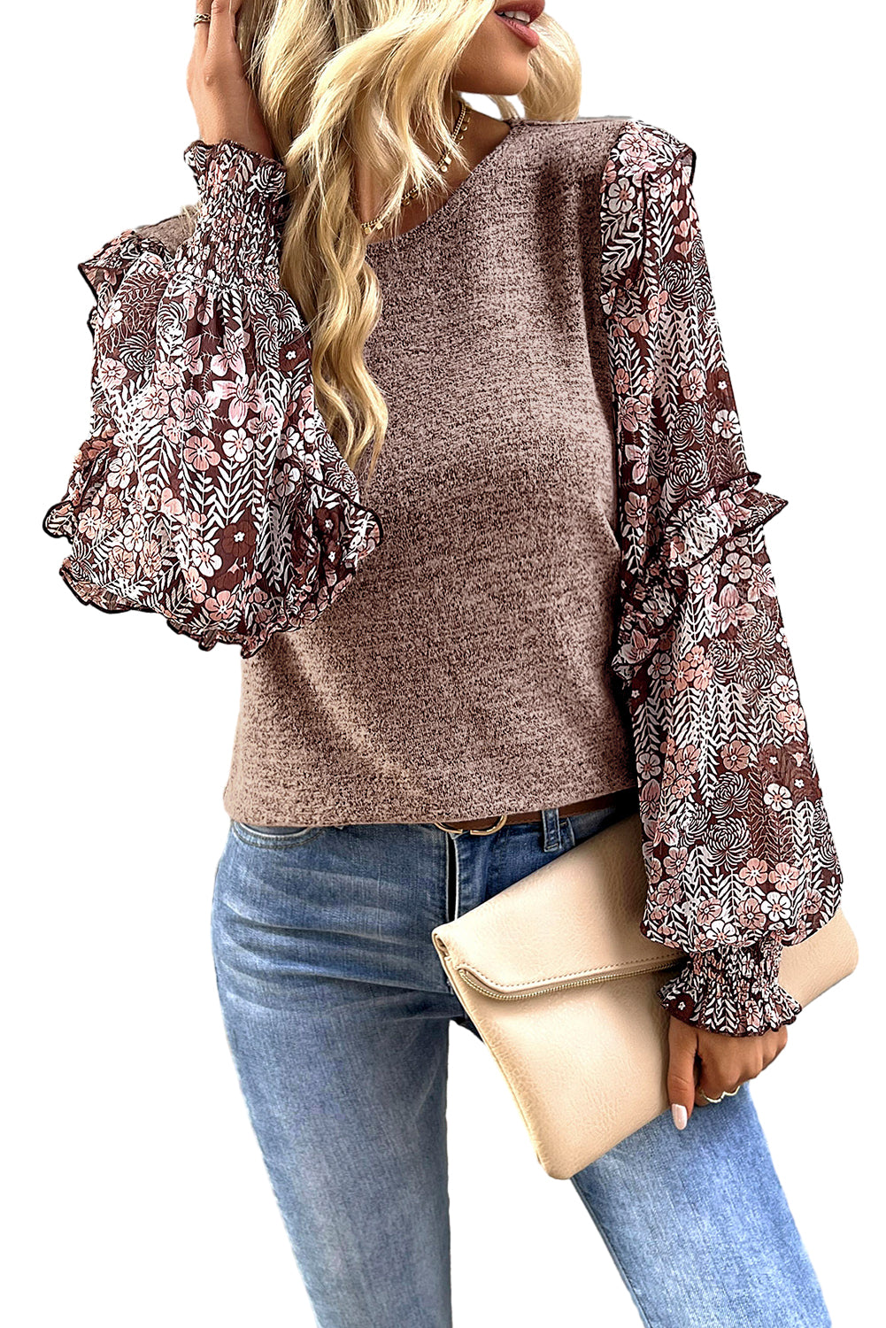 Pale Chestnut Ruffle Tiered Floral Sleeve Crew Neck Blouse - Glimmer Road 