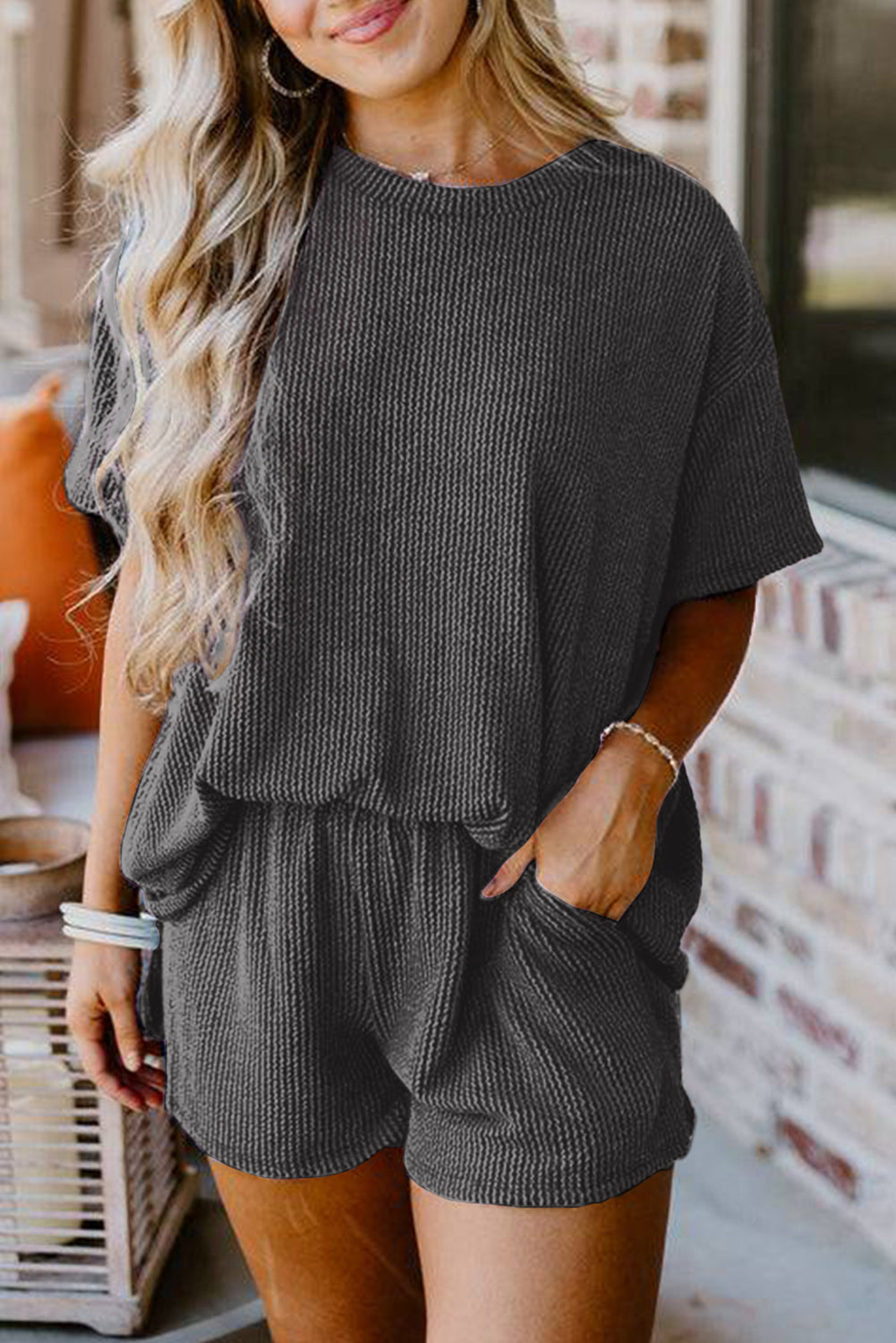 Carbon Grey Ribbed Textured Knit Loose Fit Tee and Shorts Set - Glimmer Road 