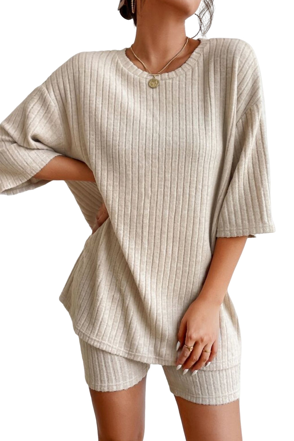 Gray Plain Ribbed Loose Fit Two Piece Lounge Set