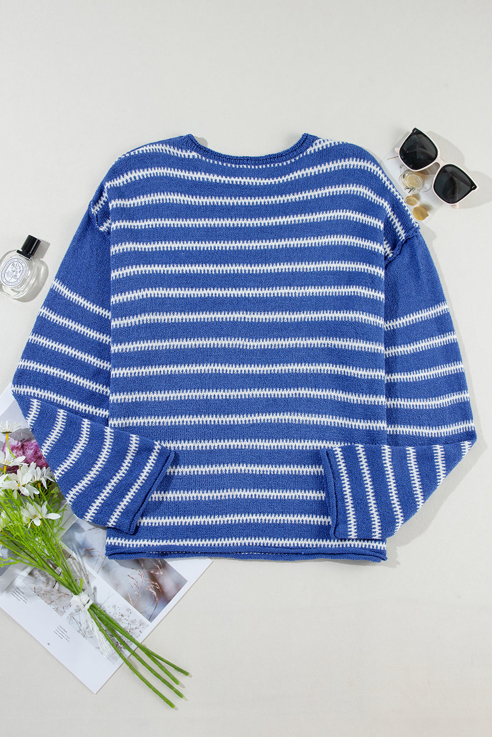 Sky Blue Stripe Drop Shoulder Casual Sweater - Glimmer Road 