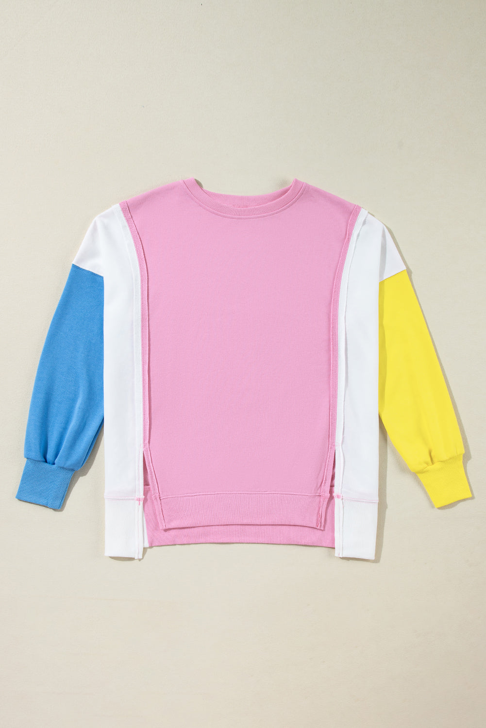 Bonbon Color Block Exposed Seam Side Slits Crewneck Sweatshirt - Glimmer Road 