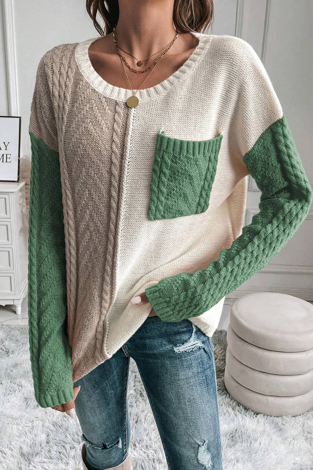 Vineyard Green Colorblock Patched Pocket Drop Shoulder Sweater - Glimmer Road 