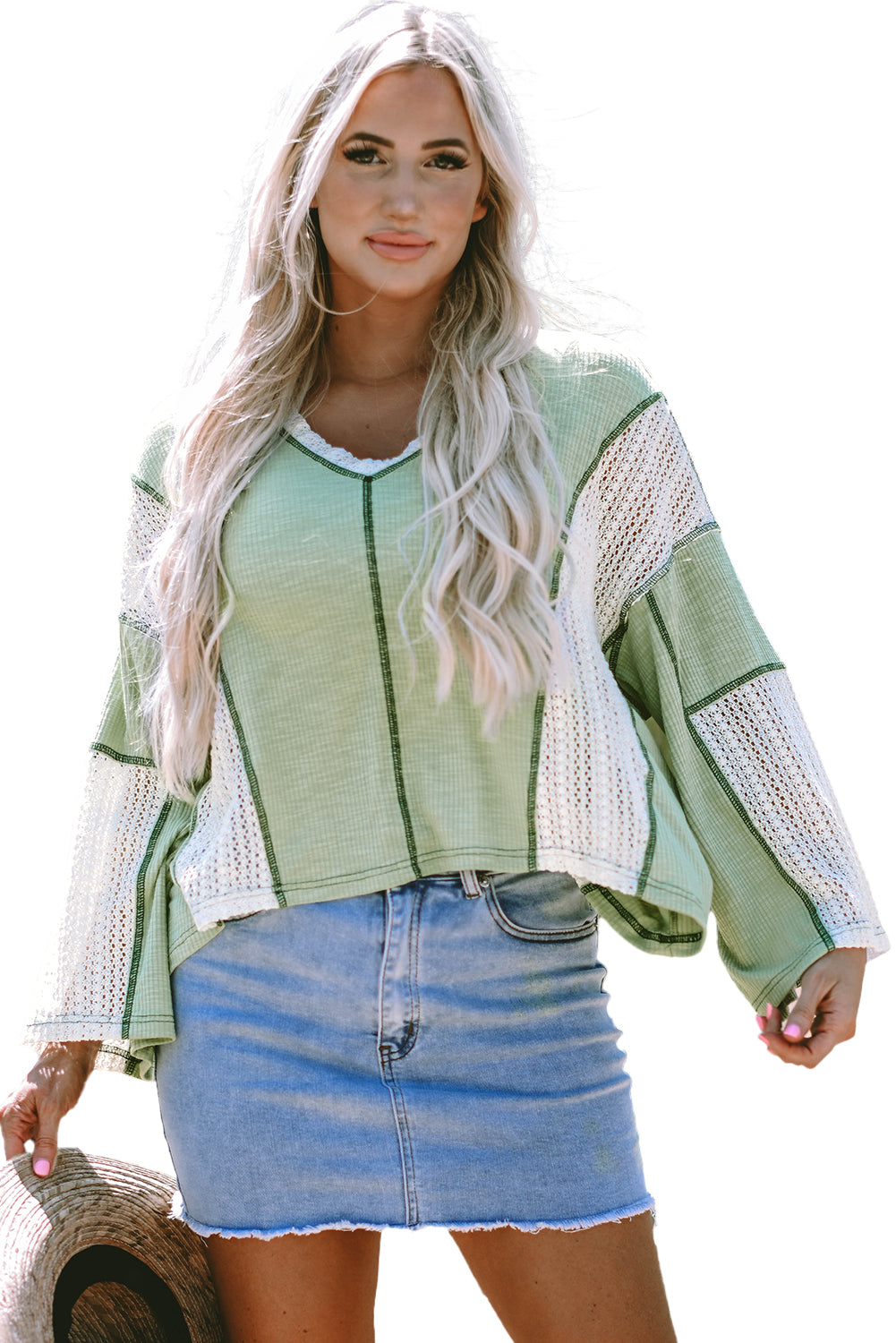 Grass Green Crochet Detail Exposed Seam High Low Loose Top - Glimmer Road 