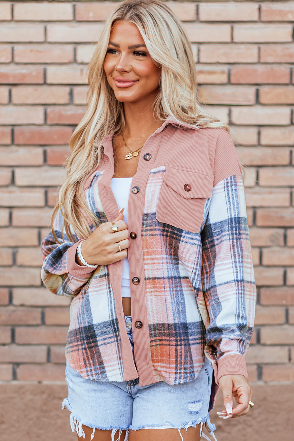 Light Pink Plaid Corduroy Patchwork Chest Pocket Shacket - Glimmer Road 