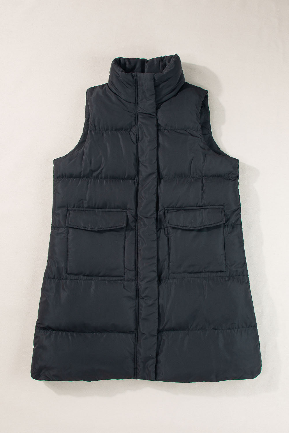 Coffee Windproof Longline Full Zipper Puffer Vest with Pockets