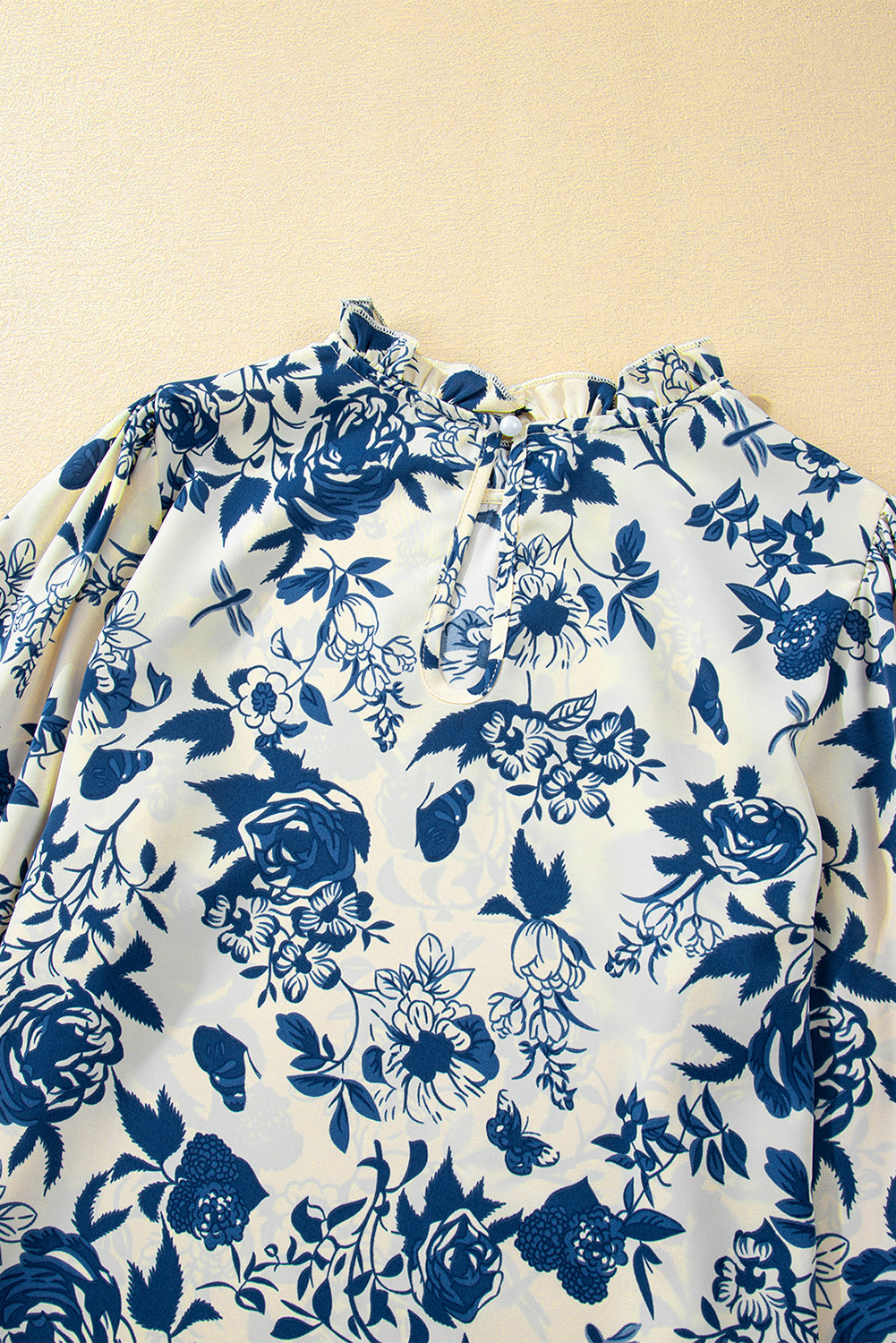 Sky Blue Floral Print Flounce Sleeve Keyhole Back Blouse - Glimmer Road 