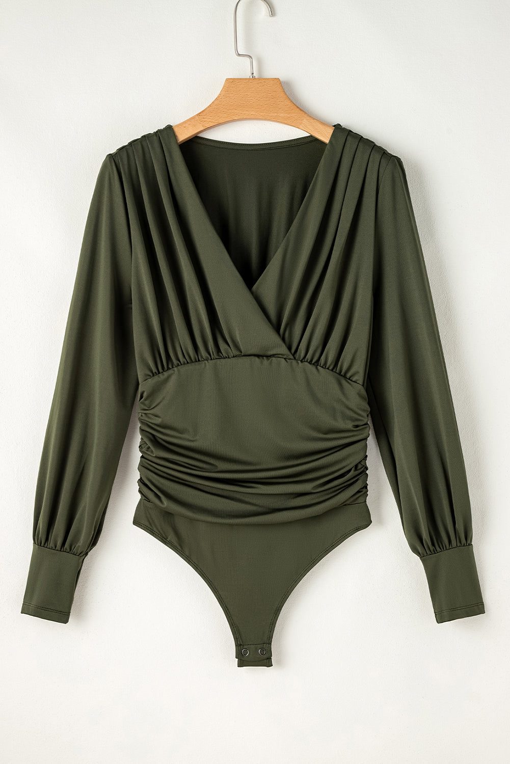 Moss Green Ruched Wrap V Neck Long Sleeve Bodysuit - Glimmer Road 
