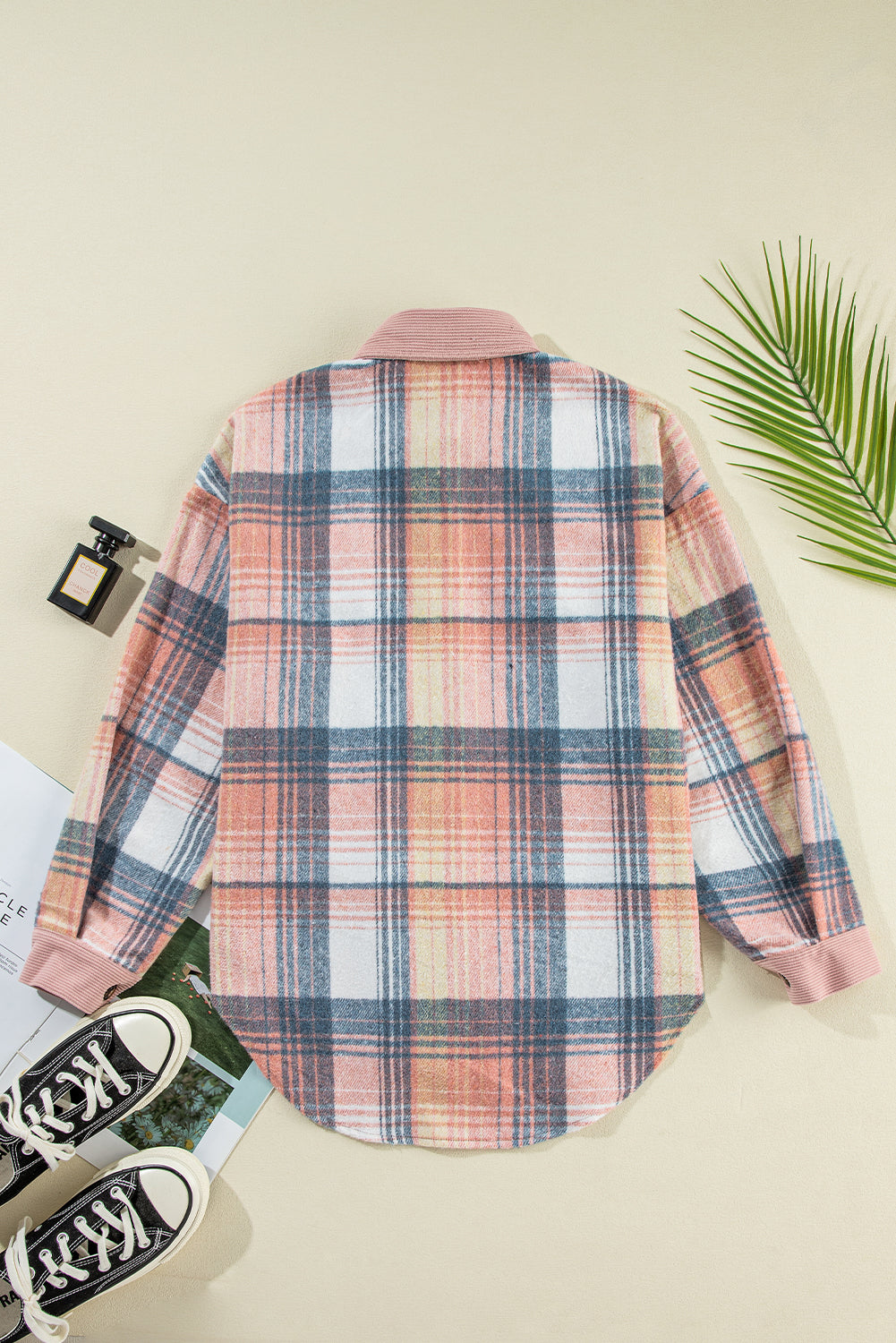 Light Pink Plaid Corduroy Patchwork Chest Pocket Shacket - Glimmer Road 