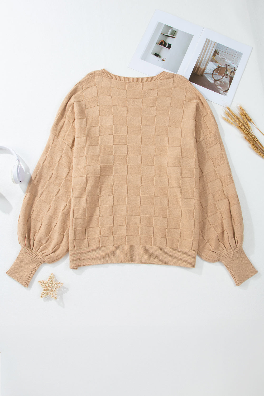 Light French Beige Solid Checkered Textured Knit Plus Size Sweater