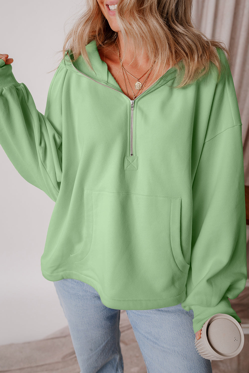 Aruba Blue Fleece Lined Half Zipper Kangaroo Pockets Loose Hoodie - Glimmer Road 