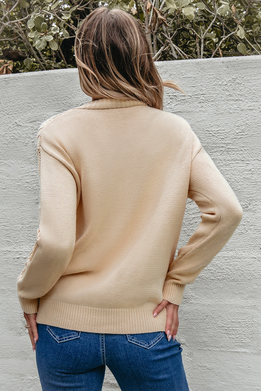 Beige Open Knit Drop Shoulder Sweater Cardigan