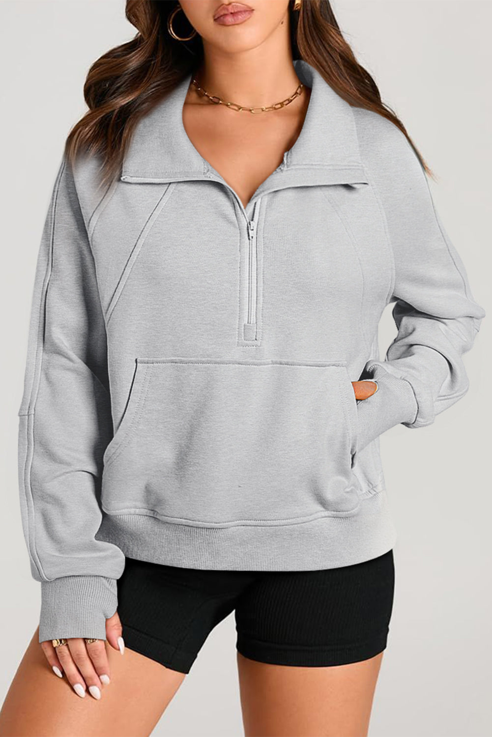 Moss Green Quarter Zip Stand Neck Kangaroo Pocket Sweatshirt - Glimmer Road 