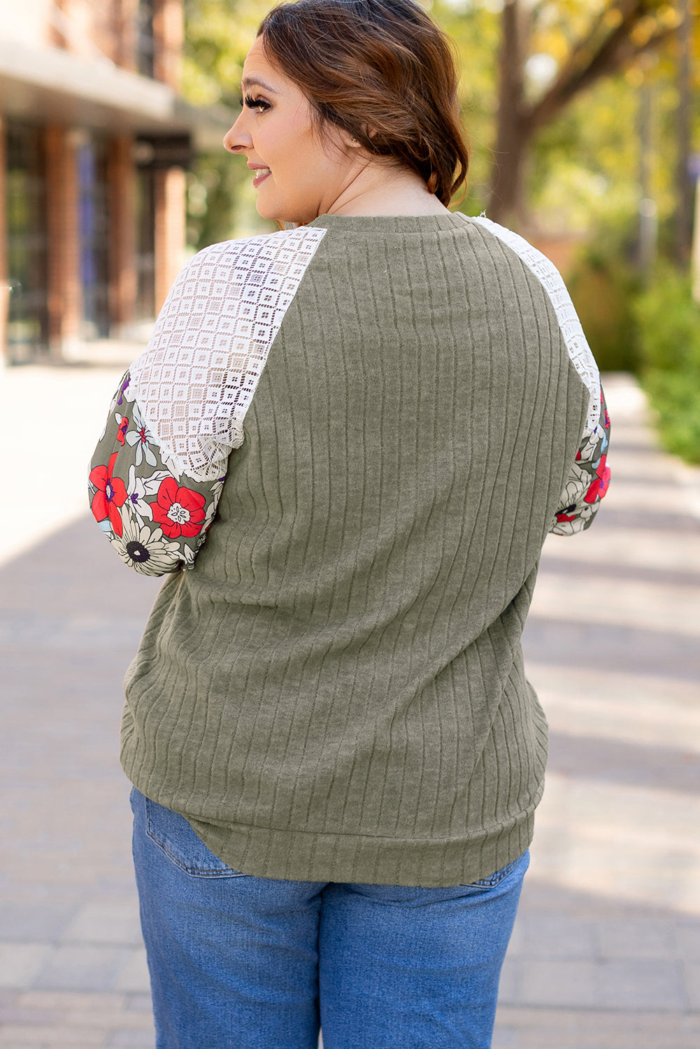 Vineyard Green Plus Size Textured Floral Patchwork Raglan Sleeve Blouse - Glimmer Road 