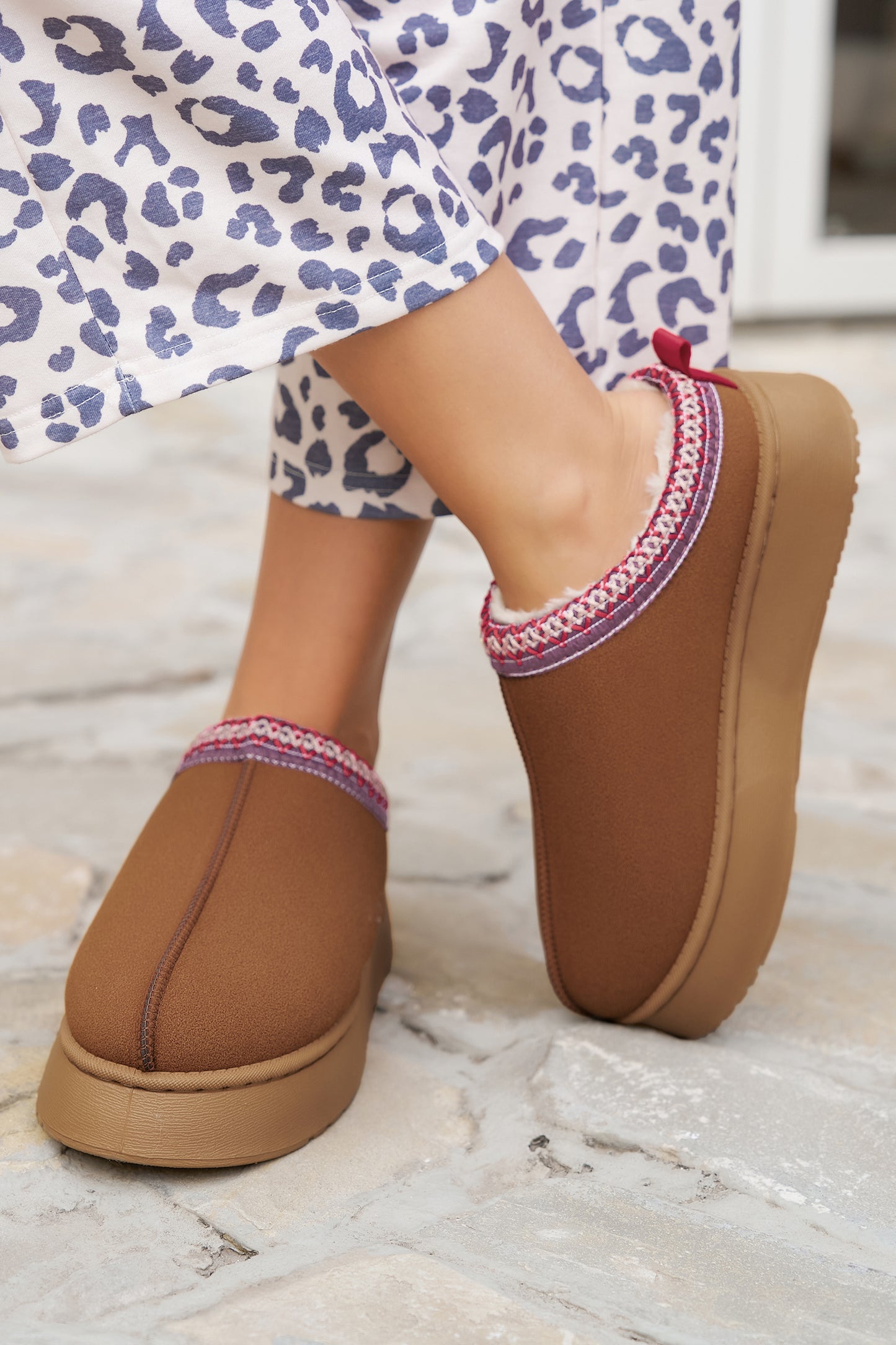 Chestnut Contrast Print Suede Plush Lined Snow Boots - Glimmer Road 