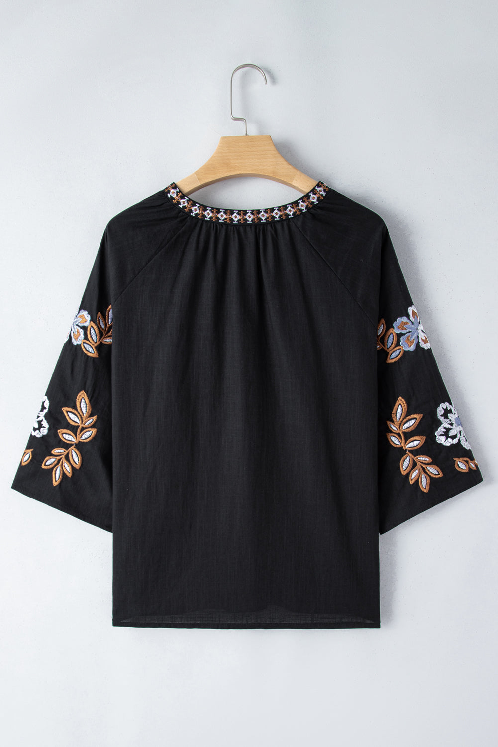 Black Bohemian Floral Embroidered V Neck Blouse - Glimmer Road 