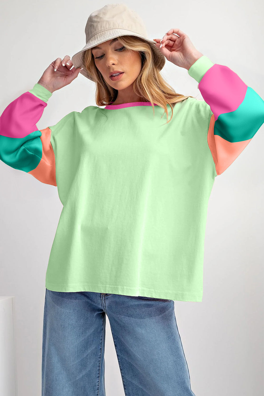 Green Colorblock Patchwork Long Sleeve Loose Top - Glimmer Road 