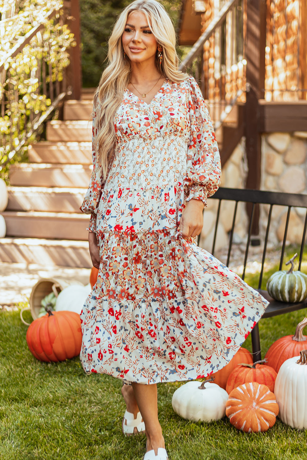 Khaki Floral Print Ruffled Tiered Long Sleeve V Neck Midi Dress - Glimmer Road 