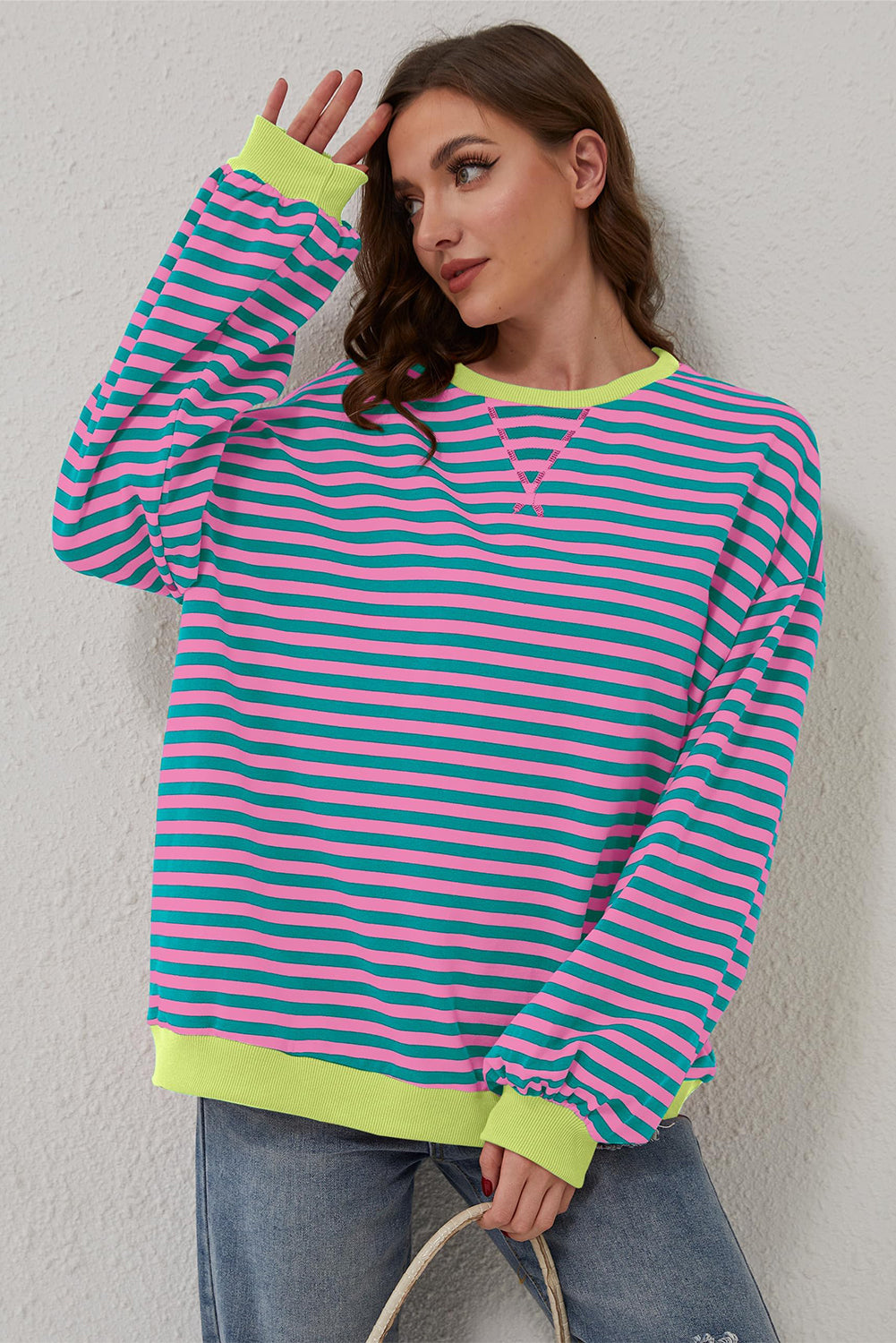 Green Stripe Oversized Contrast Trim Pullover Sweatshirt - Glimmer Road 