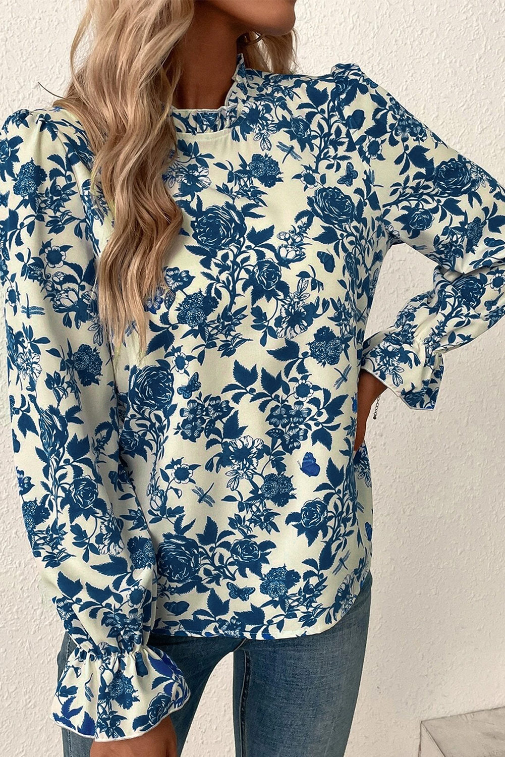 Sky Blue Floral Print Flounce Sleeve Keyhole Back Blouse - Glimmer Road 