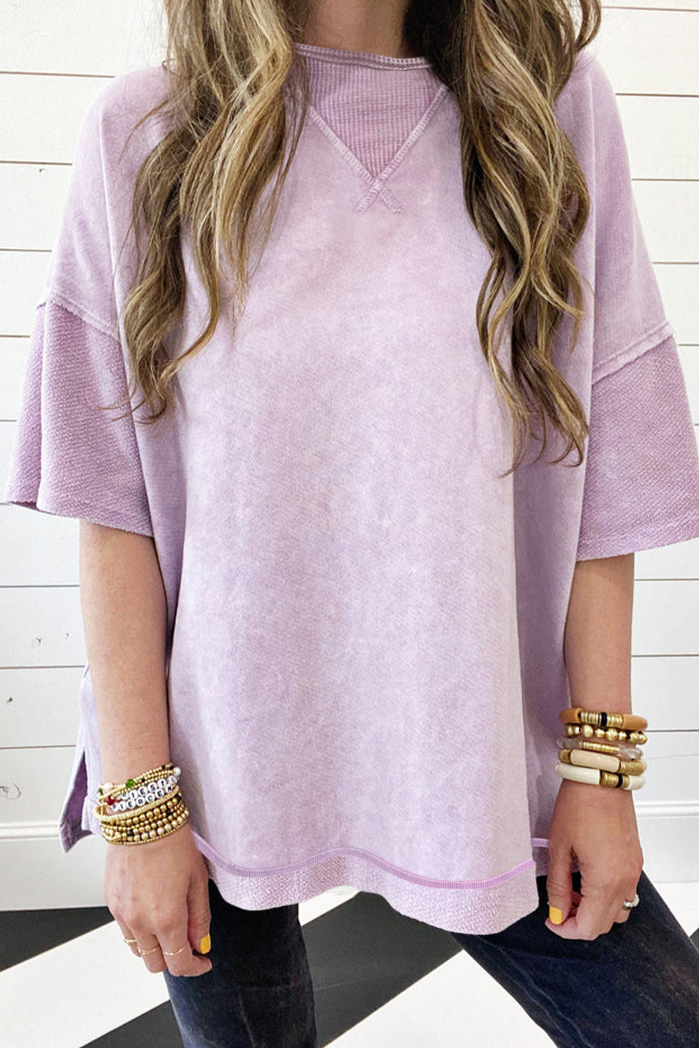 Orchid Petal Mineral Wash Exposed Seam Drop Shoulder Oversized Tee - Glimmer Road 