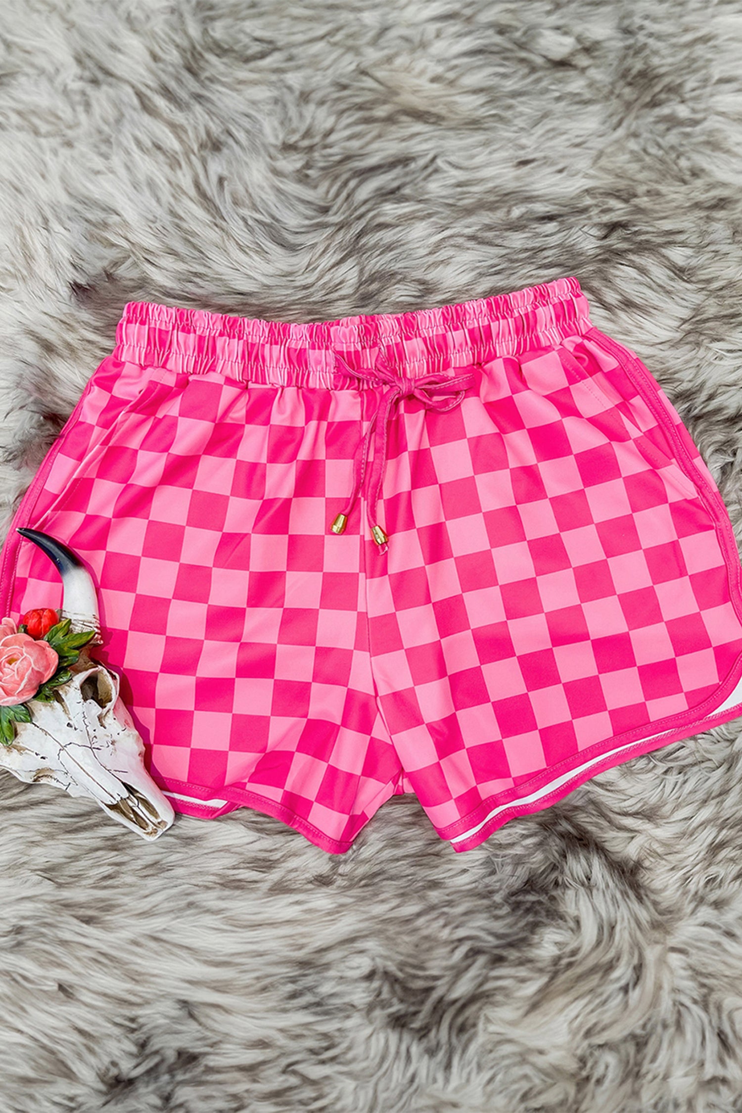 Rose Checkered Drawstring Elastic Waist Casual Shorts - Glimmer Road 