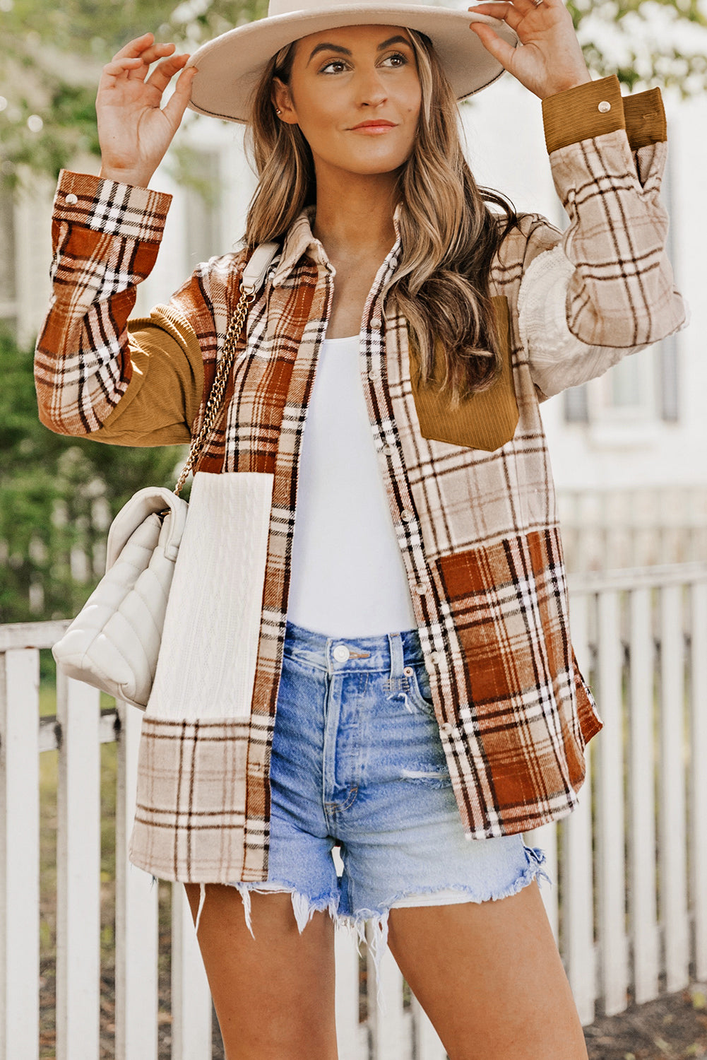 Orange Plaid Color Block Patchwork Shirt Jacket with Pocket - Glimmer Road 