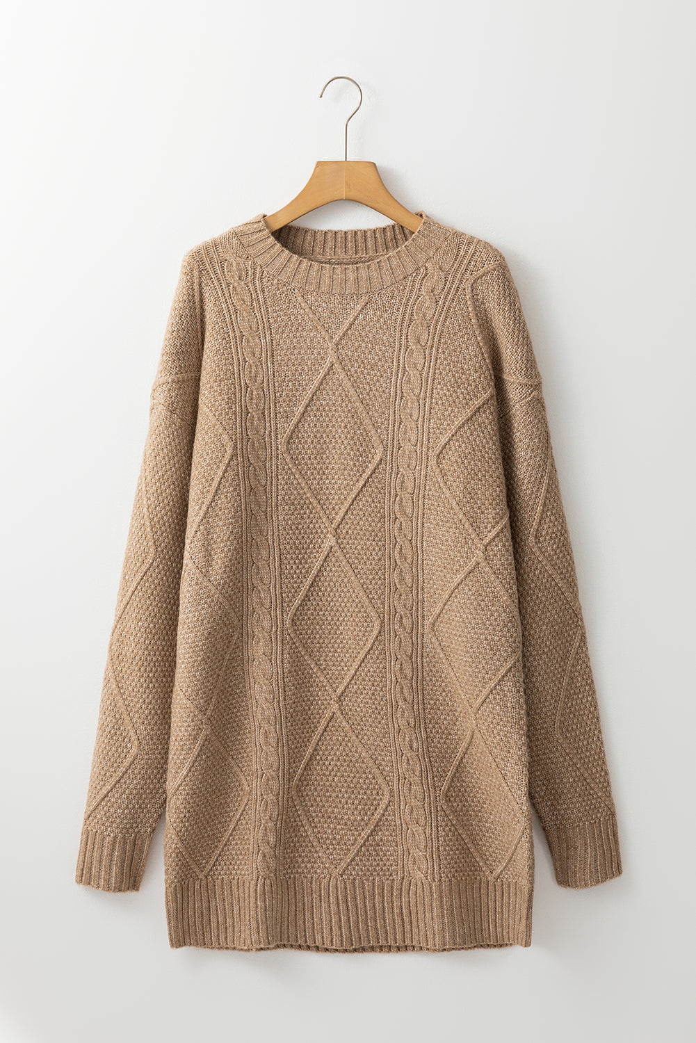 Coffee Cable Knit Drop Shoulder Loose Fit Sweater Dress