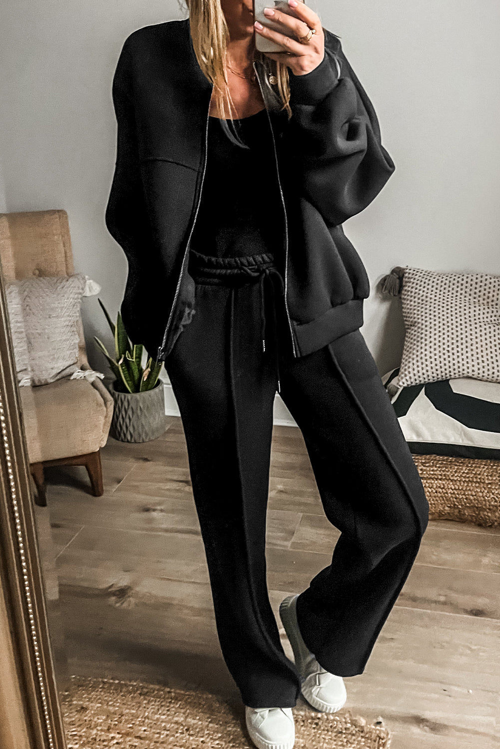 Bright Pink Solid Seamed Zipper Jacket and Drawstring Waist Pants Set - Glimmer Road 