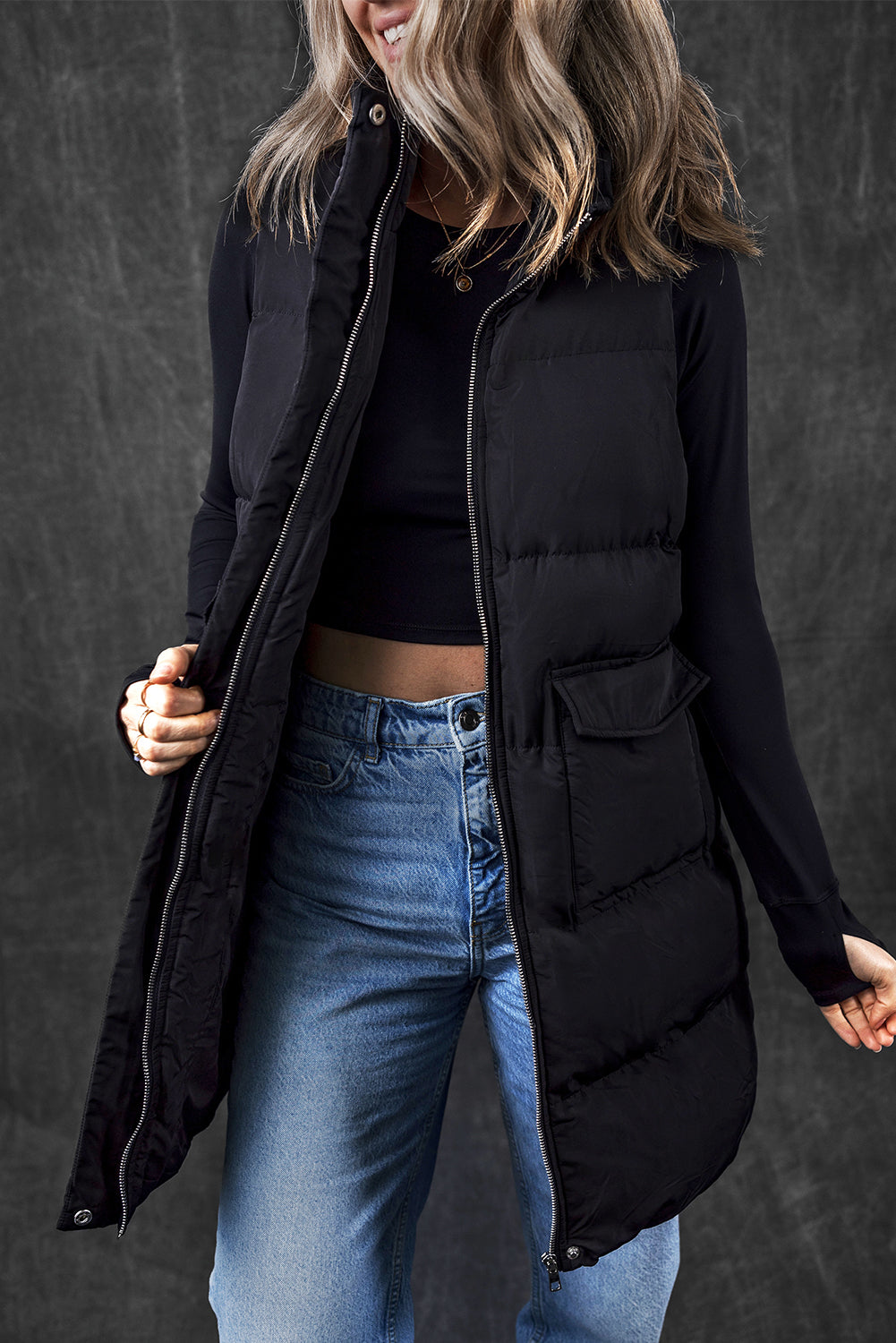 Coffee Windproof Longline Full Zipper Puffer Vest with Pockets - Glimmer Road 