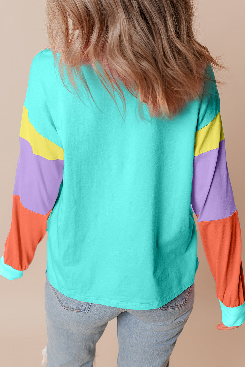 Light Blue Colorblock Patchwork Long Sleeve Loose Top - Glimmer Road 