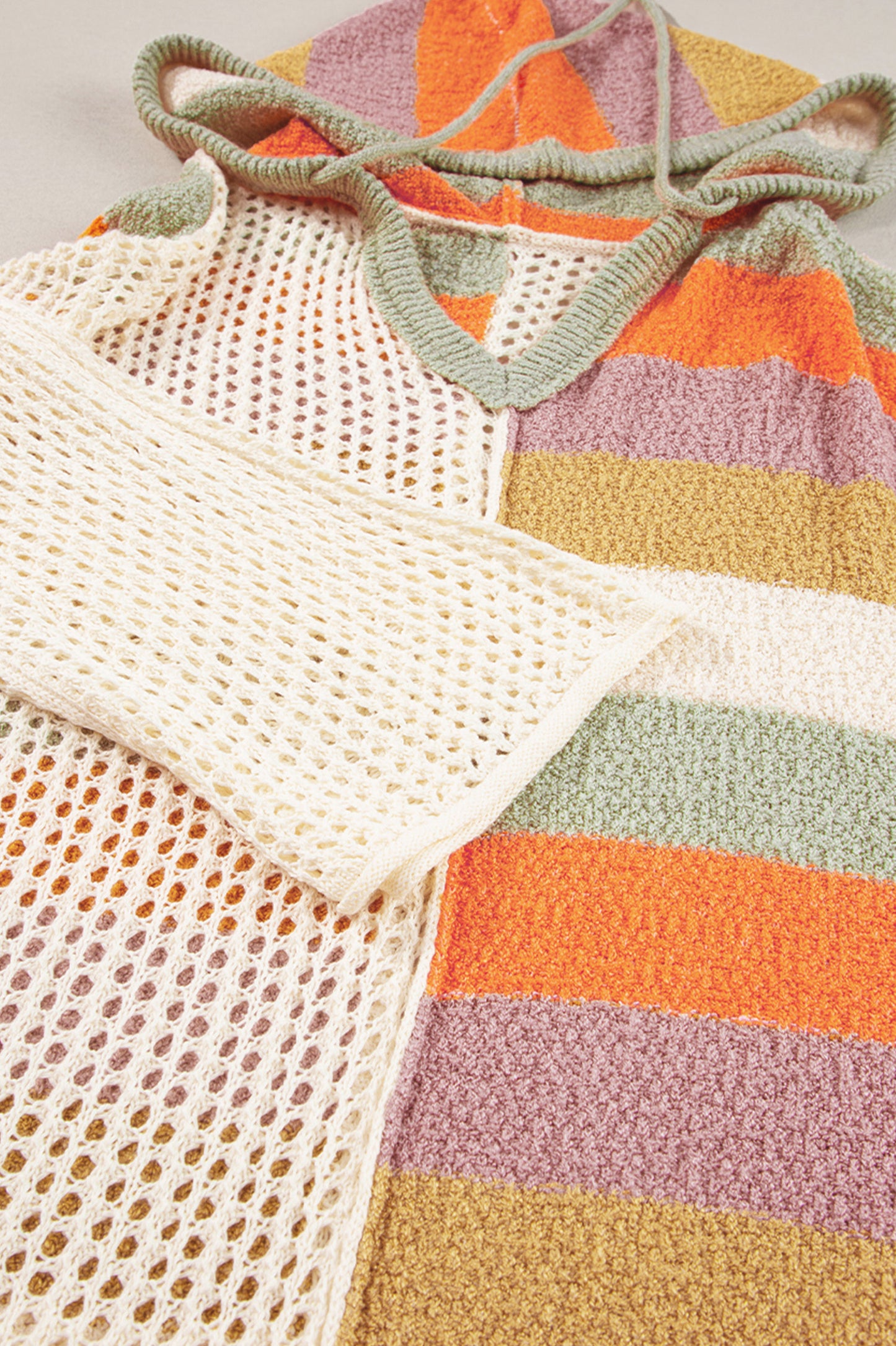Beige Oversized Colorblock V Neck Hooded Sweater - Glimmer Road 