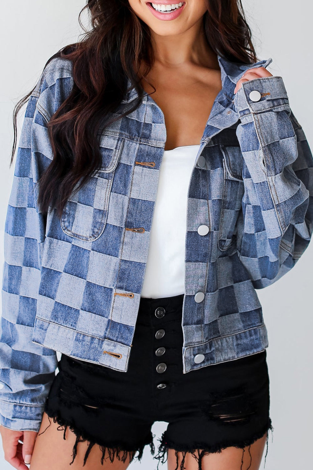 Light Blue Checkered Patchwork Button up Denim Jacket - Glimmer Road 