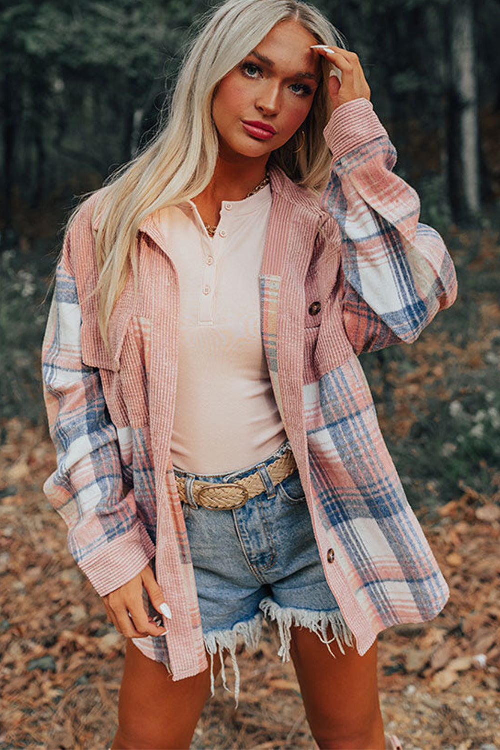 Light Pink Plaid Corduroy Patchwork Chest Pocket Shacket - Glimmer Road 