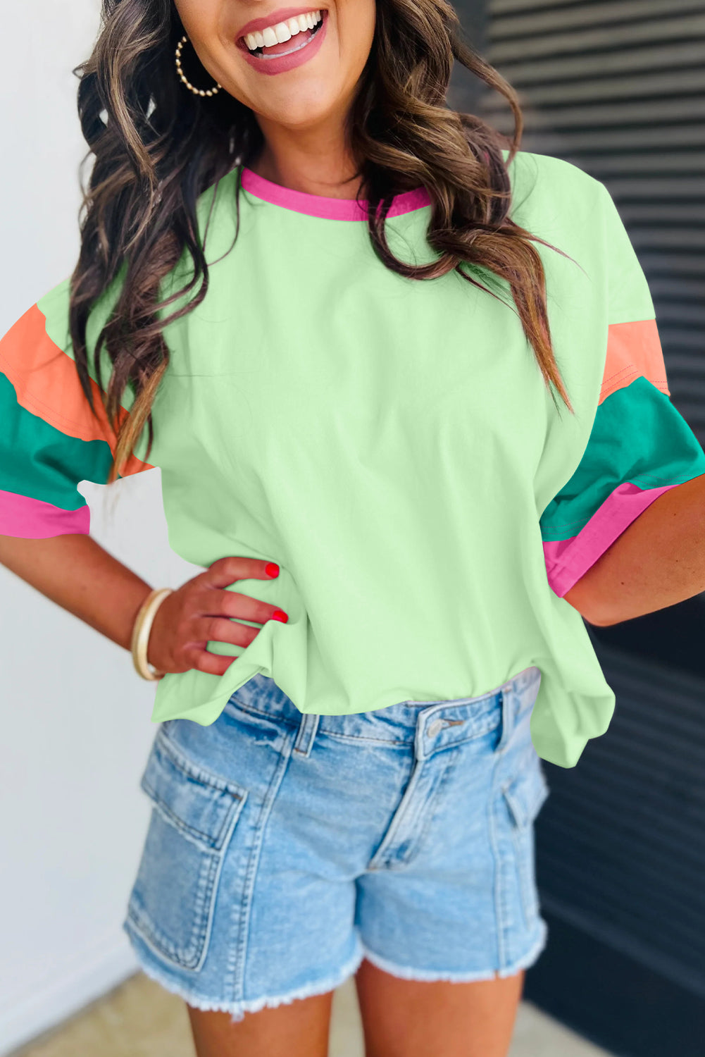 Green Color Block Stitching Sleeve Round Neck Oversize Top - Glimmer Road 