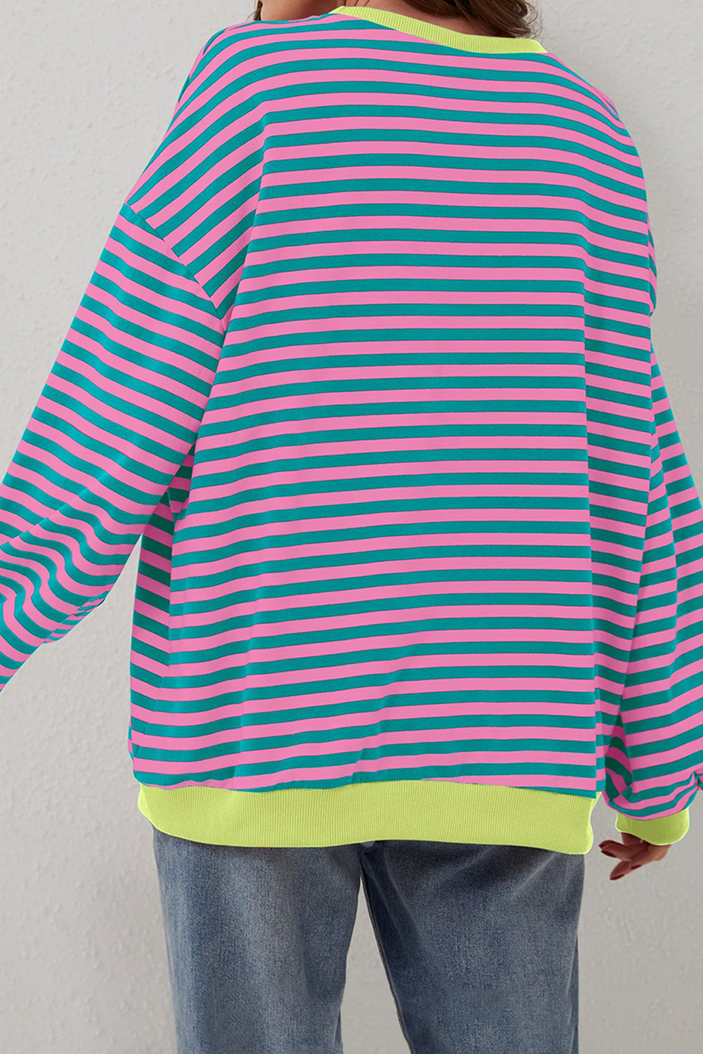 Green Stripe Oversized Contrast Trim Pullover Sweatshirt - Glimmer Road 