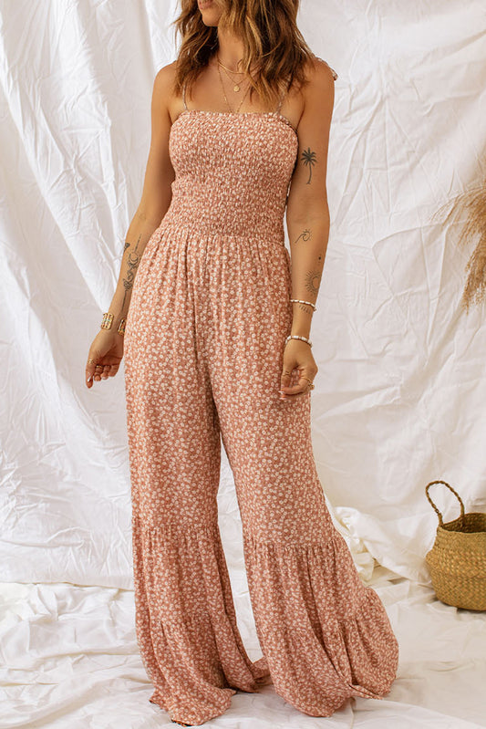 Khaki Thin Straps Smocked Bodice Wide Leg Floral Jumpsuit - Glimmer Road 