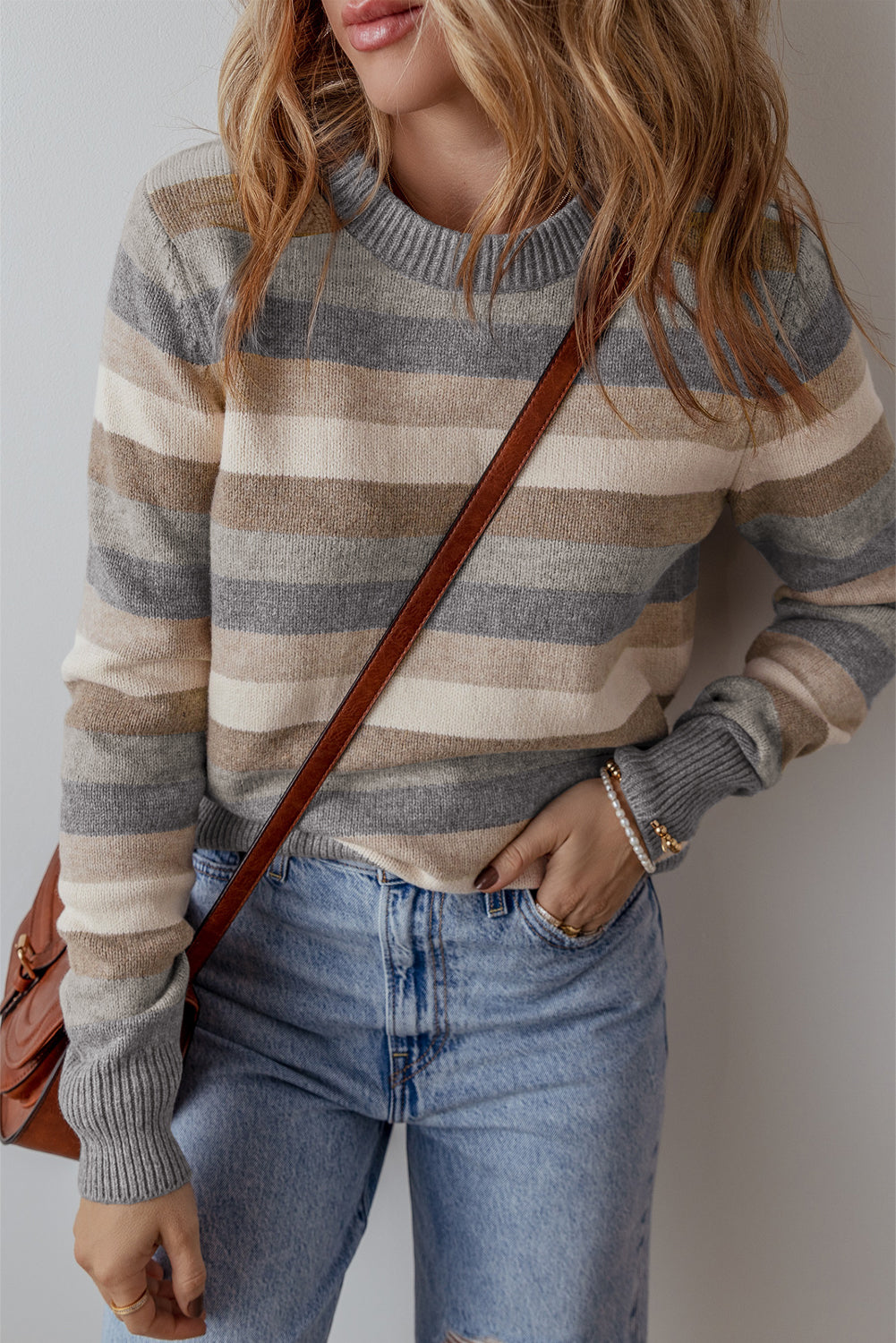 Orange Color Block Ribbed Edge Round Neck Sweater